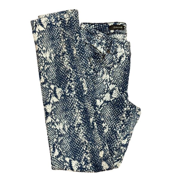 CACHE Womens Size 4 Blue & White  Denim Stretch Snake Print Skinny Jeans Comfort - Picture 7 of 13